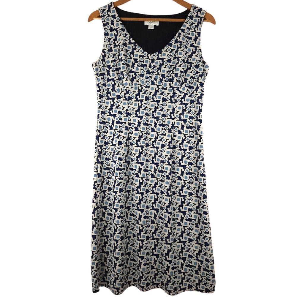 Loft Anne Klein Women Sleeveless Dress Ivory Blue Geometric V Neck Size 4